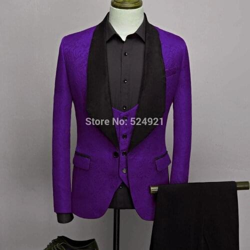Men Suits Purple Pattern and Black Groom Tuxedos Shawl Satin Lapel Groomsmen Wedding Best Man ( Jacket+Pants+Vest+Tie ) C725