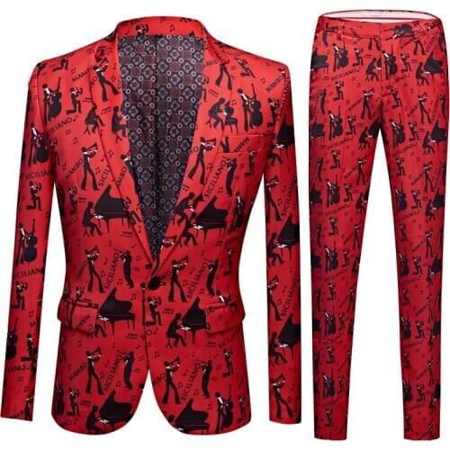 Men Floral Print 2 Pieces Set Suits Club Bar Evening Party Stage Singer Costume Slim Fit Jacket and Pants