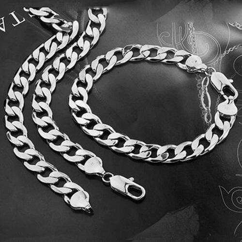 Mens Jewelry Set White Gold Filled 10mm Mens Curb Cuban Chain Bracelet + Necklace Set (24"+8.66")