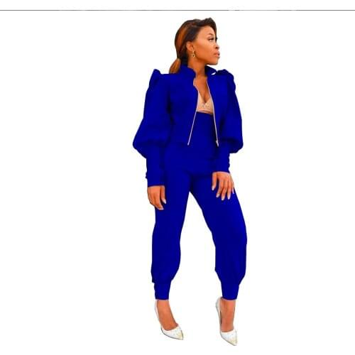 Fall Women Tracksuit set Lantern Sleeve Zip Up Jacket coat & Slim Pants Set Solid color Two Piece set