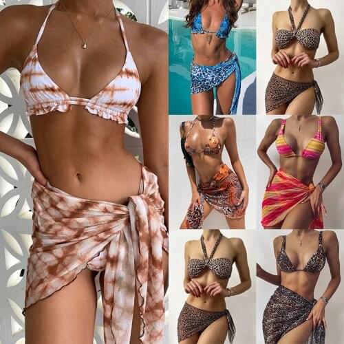 Sexy 3 Piece Swimsuit Women Tie Dye Push Up Padded Bikini Brazilian Summer Bathing Suit Thong Bikini 2021 Swimwear Women Skirts