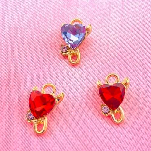 10Pcs Colorful Crystal Cute Hearts Charms 13*8mm Zinc Alloy Gold Color Devil Love Charm For Making Jewelry DIY Earrings Supplies