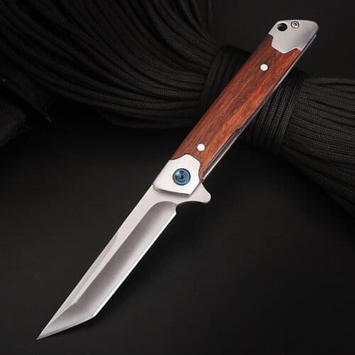 Outdoor Folding Knife With Red Sandalwood Handle Stainless Steel Fruit Knife Portable Pocket Knife Camping Self-defense Tool