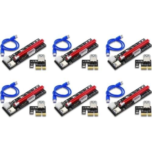 6PCS VER103C 3In1 Power PCI-E Riser Card LED 4Pin 6Pin Sata 15Pin Express 1X to 16X 60CM Extension Cable for Bitcoin