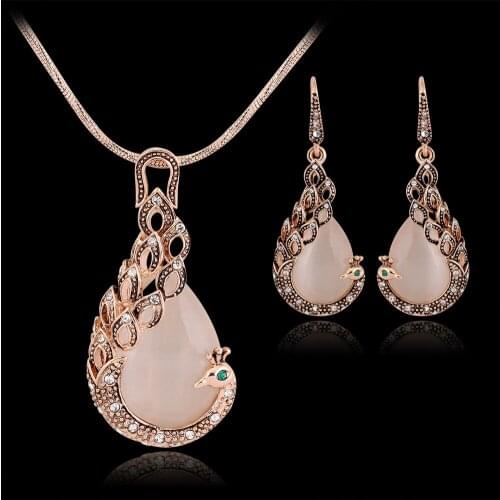 Luxury Female Jewelry Set Rose Gold Color Wedding Dangle Earrings For Women Charm Peacock Zircon Necklace