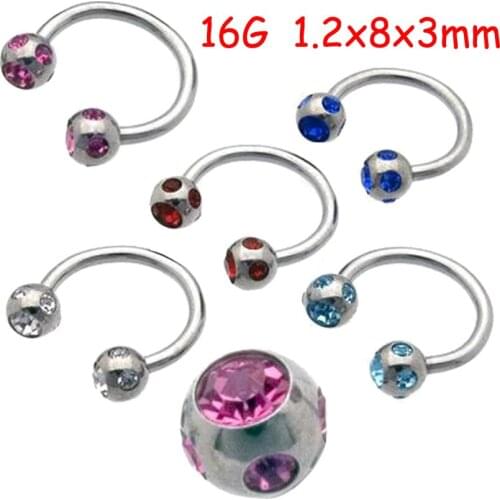 2Piece CBR Stainless Steel 16G BCR Circular Barbell Full Crystal Nostril Nose Ring Nipple Tragus Helix Body Piercing Jewelry
