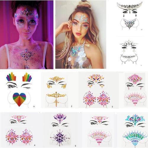 Temporary Tattoo Stickers 3D Glitter Acrylic Face Jewels Gems Festival Party Body Eyes Chest Decor Beauty Makeup Face Body Art