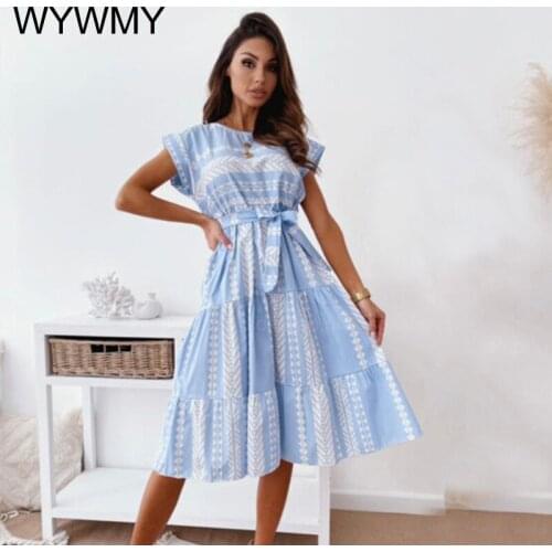 WYWMY Summer Casual Vintage Print Short Sleeve Belt Midi Dresses For Woman 2021 Fashion Lace Up Robe Femme Ladies Office Clothes