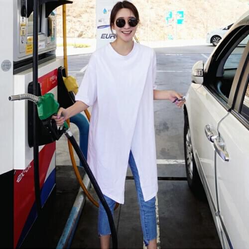 Johnature Casual Korean Long Women T-shirts 2021 Summer New Solid Color Loose Simple Irregular O-neck Half Sleeve Women Tops