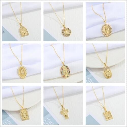 1 PC Colorful Virgin Mary Necklace For Women Jewelry Vintage Hollow Shiny Zircon Round Geometric Pendant Clavicle Chain N698-33