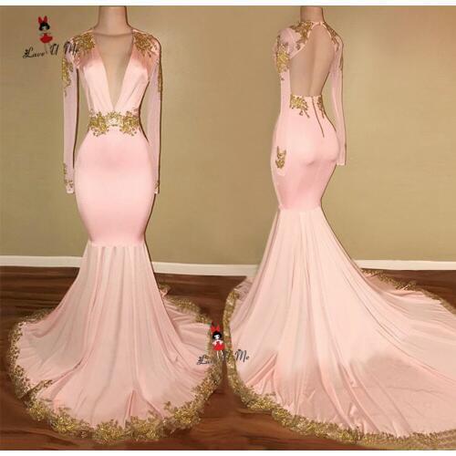 Gold Lace Pink Elegant Long Sleeve Formal Evening Gowns Dress Mermaid Backless Prom Dresses 2019 Party Robe de Soiree Courte