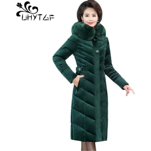 UHYTGF Winter Jacket Women Quality Gold velvet Down Cotton Warm Outerwear Hooded Casual Parker Coat Loose Plus size Jackets 1809