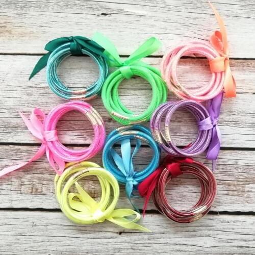 5 PCS/Set ZWPON Little Girls Glitter Filled Jelly Bangles Bowknot Bracelets Baby Kids Bangles Jewelry Gift Wholesale 16 Colors