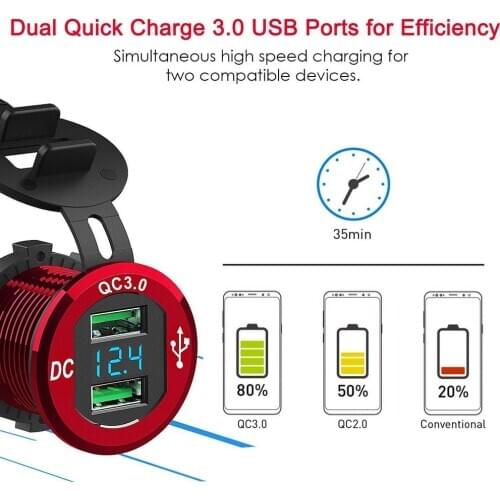 QC 3.0 Car Charger Aluminum Adapter Dual USB Port with LED Voltmeter Phone Adapter Power for 12V/24V Motorcycle Boat Truck