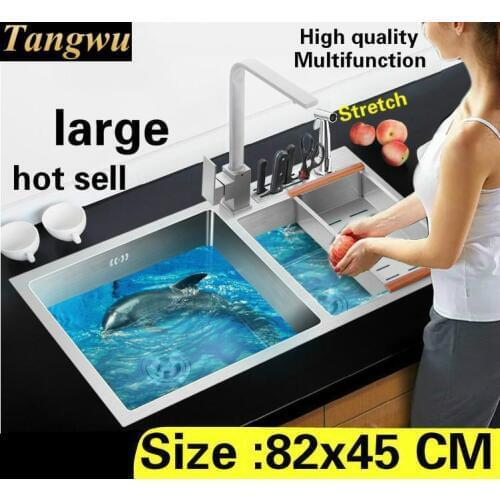 Free shipping Home large kitchen manual sink double groove vogue multifunction wash vegetables 304 stainless steel 820x450 MM