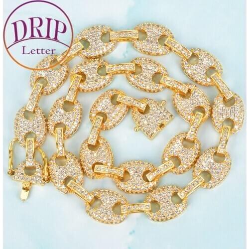 12MM Bling Cuban Link Necklace Mens Hip Hop Gold Color Copper Iced Zircon Jewelry 18 K Cuban Chain