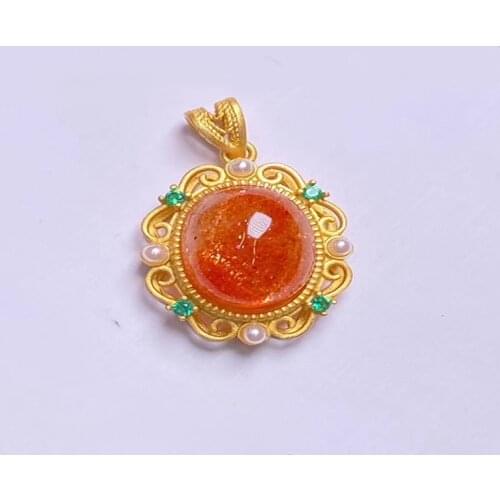 Pure Natural 925 Silver Sunstone Pendant Necklace Ring exquisite womens wedding jewelry 2021 fashion boutique pendant ring