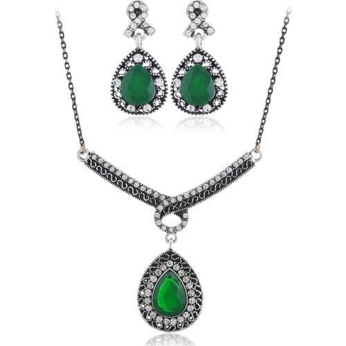 CRLEY Rhinestone Jewelry Set Vintage Water Drop Red Green Black Pendant Wedding Engagement Jewelry European Style Jewelry