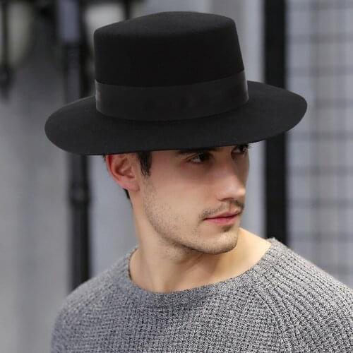 H7220 New Autumn Winter Fedoras Hat Mens Wool Flat Top Jazz Fedora Cap Adult Male Euro-American Black Church Party Outdoor Hats