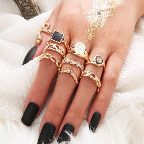 Fashion Charm Jewelry Rings Set Exaggerated Personality Style Hiphop/Rock Square With Snake Metal Circlet 9 Pieces For Women