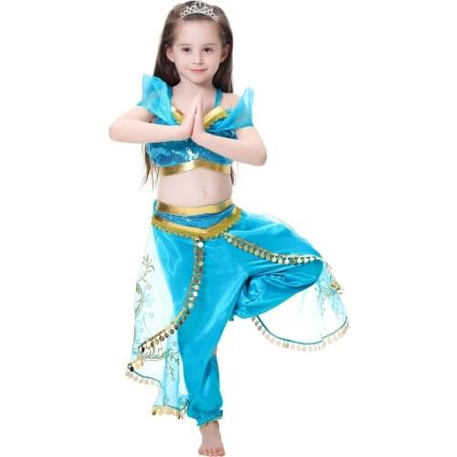 Girls Jasmine Costume Halloween Cosplay Fancy Tops + Pants Kids Sequined Flower Printed Arabian Princess Party for Children