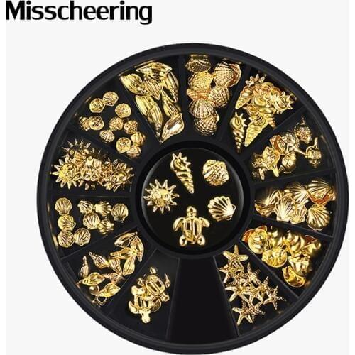 1 Box Gold Ocean Theme Metal Studs Sea Starfish Shell Turtle Slice Flakes 3d Nail Art Decoration In Wheel DIY UV Manicure Tools