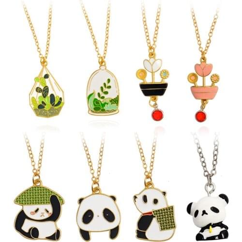 Cute panda Pendant Necklace Succulent plants in glass Potted flowers Fashion Necklace Jewelry gifts for friends