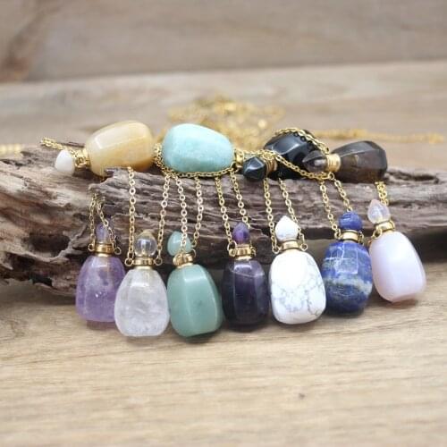Fashion Gems Stone Essential Oil Vial Pendant Necklaces Healing Crystal Turquoises Obsidian Perfume Bottle Charms Chains QC1093
