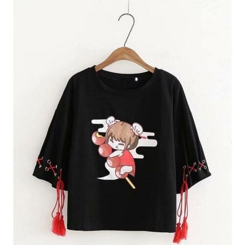 2020 New Sweet Womens Cute Tomatoes on Sticks Girl Print T-shirt Bandage Tassels Short Sleeve Harajuku Cartoon Summer Tee Tops