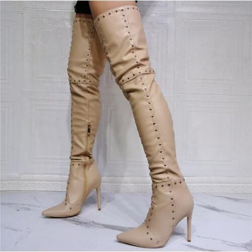 Drop Shipping Woman Nude Matte Leather Rivet Over The Knee Thigh Boots Female Pointed Toe Thin Heels Long Botas Shoes Big Size