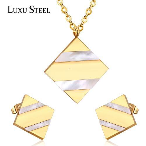 LUXUSTEEL Geometry Shell Pendant Necklace Earrings Brinco Stainless Steel Gold Jewelry Sets Accessories Party Wholesale