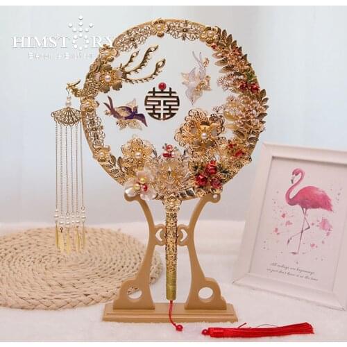 HIMSTORY Luxury Gold Phoenix Chinese Bridal Hand Bouquets Fan Type Artificial Flowers Crystal Metal Wedding Jewelry Accessories
