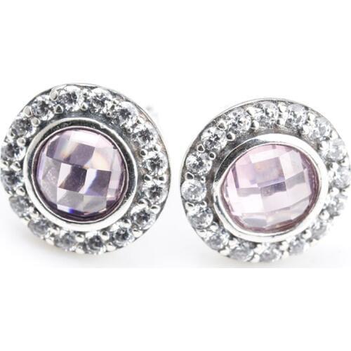Pink Zircon Earrings Silver 925 Round Shape Stone Stud Earrings Classic Style for Women Girls Wedding Fine Jewelry