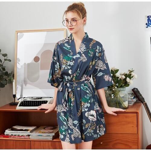Daeyard Silk Satin Womens Robe Floral Print Short Kimono Wedding Bride Bridesmaid Dressing Gown Half Sleeve Sleepwear Bathrobe