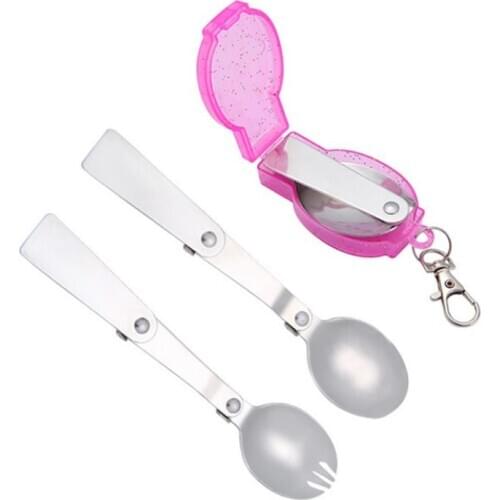 100set 304 Stainless Steel Foldable Spoon Keychain Protable Camping Travel Tableware Folding Spoon Fork