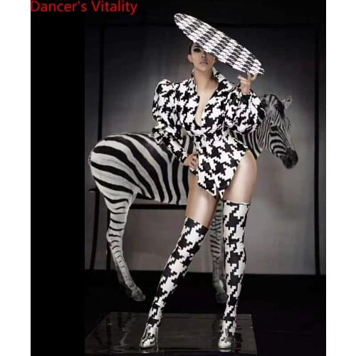 Modern Festival Party Opening Pole Jazz Disco Dance Women Singer Zebra Stripes Printing Leotard Stage Wear Performace Clothes
