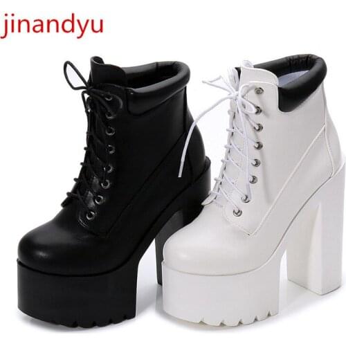 14cm High Heels Leather Ankle Boots Platform Shoes Women Chunky Heels Black White Boots Platforms High-grade Sexy Woman Heels