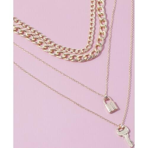 Fashion Key Padlock Pendant Cuba Necklace for Women Punk Goth Golden Silver Color Layered Chain Necklaces Street Style Jewelry