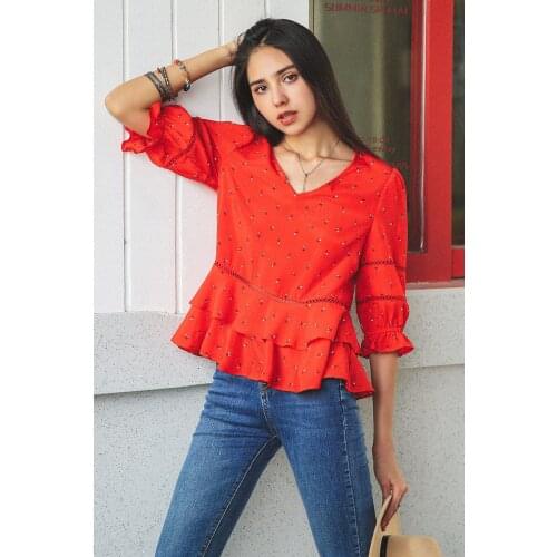 Rusttydustty womens clothing summer floral printing red T-shirts suit lovely daily life bohemian loose falbala T-shirts