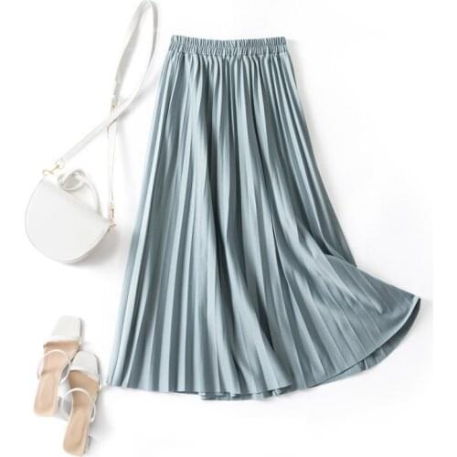 2021 Spring And Summer New Thin Simple Style Pleated Skirt Elastic High Waist Mid Length Skirts Womens