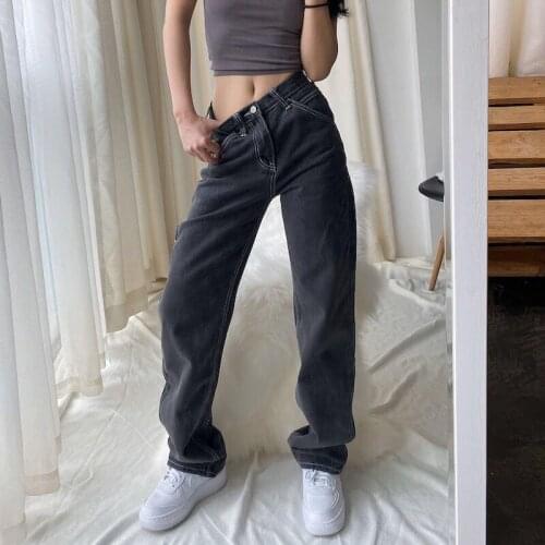 2020 Band New Jeans For Women Black Loose High Waist mom Large Size Straight pants Long Loose Wide Leg Women Jeans streetwear