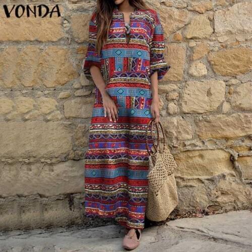 Women Printed Maxi Dress Autumn Kaftan Dress VONDA Casual Full Length Robe Femme Long Sleeve V Neck Sundress Bohemian Vestidos