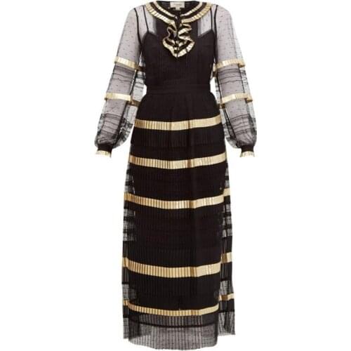 Vintage 2021 Black Spring Summer Women Beach Lantern Sleeve Ruffles Cascading Hollow Out Long Party Dress