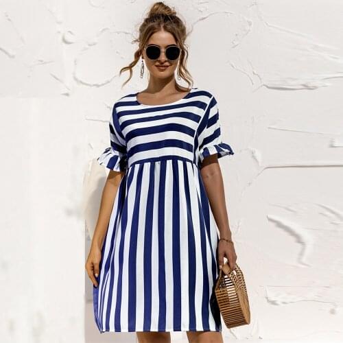 Elegant Ruffle Sleeve Striped Patchwork A Line Dress Women 2021 Summer Casual High Waist O Neck Loose Pocket Beach Dress Female