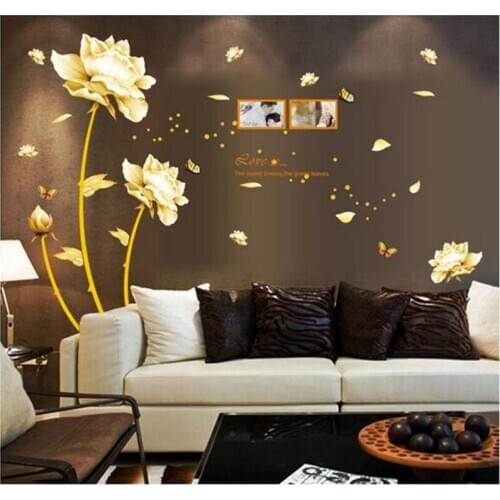 Golden Riches Honour Flowers Chinese Style DIY Wall Stickers Living Room TV Sofa Background Mural Decal