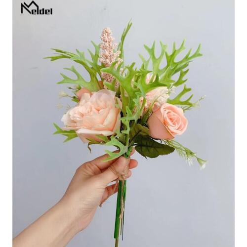 Meldel 1 Bundle Artificial Rose Peony Simulation Bouquet Wedding Home Fake Flowers Green Antlers Leaves Home Wedding Party Decor