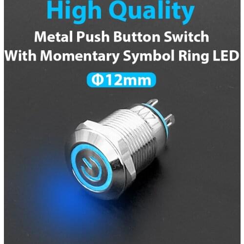 1pc 12mm Metal Push Button Switch Flat Head Power LOGO 3-220V Self-reset Momentary Waterproof Car Auto Eng