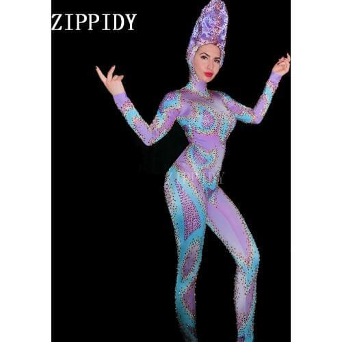 2019 Fashion Shining Purple Blue Rhinestone Jumpsuit Stretch Dance Headdress Outfit Female Singer Evening Sexy Bodysuit Wear