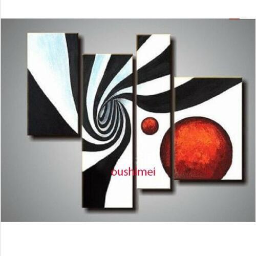 4pcs/set No Framed Modern Abstract Handmade Black White Stripe Oil Painting Wall Decoration On Canvas For Sitting Room Red Ball