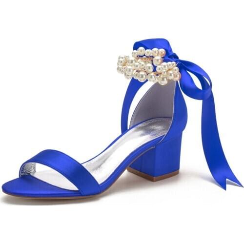 Block Heels Satin Pearls Wedding Sandals for Bride Open Toe Ribbon Tie Mid Heels Formal Party Dress Sandals Summer
